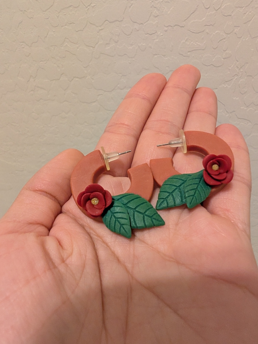 Handcrafted Terracotta Hoop Earrings with Red Flower & Green Leaves - NWOT